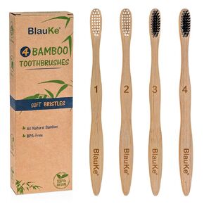 BlauKe Bamboo Toothbrushes Soft Bristles 4-Pack – Biodegradable, Sustainable, Natural, Eco-Friendly – Black Charcoal Wooden Toothbrushes
