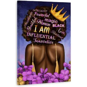 Black Queen Wall Art African American Canvas Wall Art Black Women Purple Flowers Inspirational Quotes Poster Abstract Contemporary Canvas Prints Painting for Living Room Bathroom Bedroom Decor Home Decorations, 16x24 inches, No Frame in Saudi Arabia