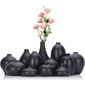 Black Small Vase for Home Decor,Black Ceramic Vase Set of 12,Black Matte Boho Vase for Decorative Dried Flowers Pampas Grass Decoraitons,Dining Table Centerpieces Rustic Living Room Decor