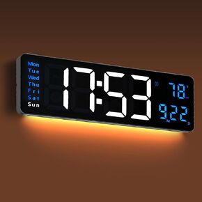 16" Large Digital Wall Clock,Digital Clock Large Display with Remote ,Big LED Wall Clock with 9 RGB Colors Night Light,Auto Dimmable,DST,Temperature,Day Date,Alarm,for Living Room Bedroom Elderly