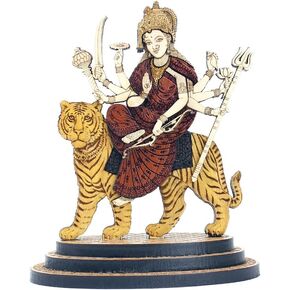 4 Inch Durga Maa Wood Carved Statue in Exotic Hard Woods - Multi Layered Hand Made Wooden Durga MATA Idol with Lion for Car Dashboard, Home, Office, and Travel