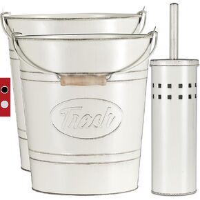 Set 3, Country Bathroom Trash Can and Toilet Brush Set, Metal Rustic Farmhouse Bathroom Decor, Industrial Style Galvanized Tin Bathroom Accessories, Vintage Western Themed Toilet Brush with Holder