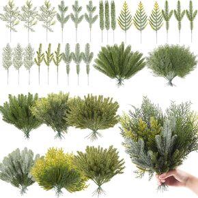 200 Pieces Faux Christmas Picks and Sprays Christmas Pine Needles Artificial Pine Branches Pine Sprigs Christmas Picks Fake Greenery Picks and Sprays for DIY Garland Wreath Decor, 8 Styles