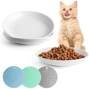 Ceramic Cat Bowls,Cat Feeding Bowls with Non Slip Mats,Pet Bowl Cat Dishes for Food and Water,Wide Shallow Cat Bowl Whisker Friendly,3 Pack (White)