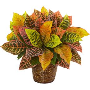 Nearly Natural 17in. Garden Croton Artificial Plant in Basket (Real Touch)