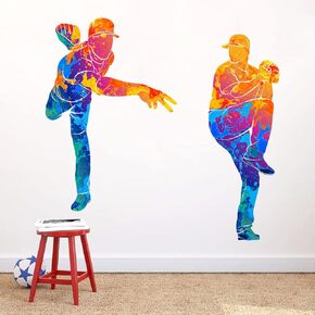 Baseball Player Wall Decals Sport Theme Softball Wall Stickers Peel & Stick Colors Splash Wall Art Decor for Boys Teens Room Kids Bedroom Playroom Wall Decoration (Baseball)