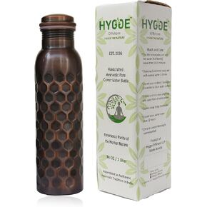HYGGE Copper Water Bottle - 34 Oz Extra Large - A Half Hammered Ayurvedic Pure Copper Vessel for Drinking - Drink More Water, Lower Your Sugar Intake and Enjoy The Health Benefits Immediately