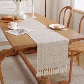 Burlap Linen Farmhouse Table Runner with Handmade Tassels, Rustic Boho Woven Jute Table Runner for Dining, Holiday, Party (Black, 13x72 inch)