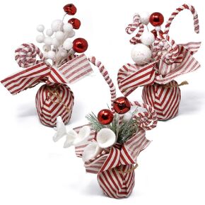 Christmas Artificial Flowers Mini Plants Decorations Set of 3 with Red & White Base Peppermint Candy Cane Balls for Xmas Desk Shelf Fireplace Mantle Kitchen Living Room Centerpiece Holiday Party Decor