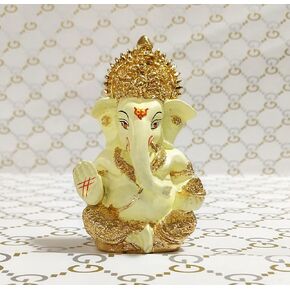 Gold Plated Terracotta Ganesh Statue Puja Idol Figurine Sculpture Ganesha/Ganpati Hindu God of Success, Prosperity, Good Luck for Car Dashboard, Temple & Home Décor Gift 3.5" (Off White)