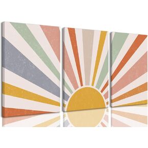 okudolit Boho Sun Canvas Wall Art prints Set of 3 Rainbow Sun Rising on Horizon Line Wall Decor Colorful Abstract Geometric Paintings Pictures for Living Room Bedroom Toddler Kids Room-12x16in