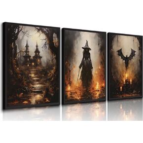 3Pcs Halloween Wall Art Horror Pumpkin and Witch Party Canvas Paintings Vintage Gothic Wall Decor Spooky Castle Prints Flying Bat Moon Night Posters Pictures for All Saints' Day Party Home Unframed