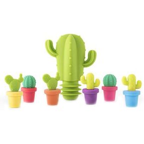 Wine Glass Charms Markers, 7 Pcs Silicone Wine Bottle Stopper Cactus Shaped Stopper Food Grade Beverage Closures Bar Preservation Tool Random Color