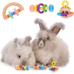 MEWTOGO 5 Pcs Wooden Bunny Toys - Safe Eco-Friendly Rabbit Toys, Multi-Colored Bite-Resistant Guinea Pigs Toys for Chinchillas Hamsters Small Animals Playing Indoor Outdoor