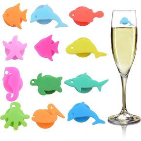 12pcs Wine Glass Sucker Markers Silicone Drink Identifiers Reusable for Party Gathering Banquet Feast,Sea Animals Theme