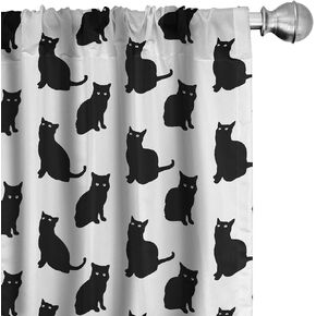 Ambesonne Cat Window Curtains Pack of 2, Black Cat on White Backdrop Playful Friendly Animals Posing Domestic Pets, Lightweight Set with Rod Pocket, 4 Panels of - 28" x 84", Black White