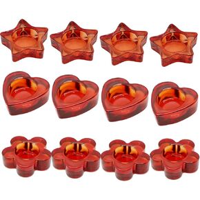 Votive candle holders set of 12 for Table Centerpiece（3 Sizes,heart/flower/star,Amber Glass Tea Light Candle Holders Bulk for Birthday Party,Wedding,Fall Home Decor, Festival Decorative(Amber)