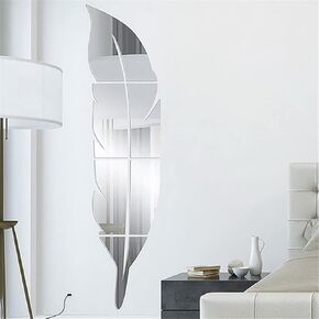Feather Shaped Mirror Wall Stickers, Removable 3D Acrylic Mirror Wall Decor Stickers, Self Adhesive DIY Art Wall Decals, Home Wall Decorations for Living Room Bedroom Bathroom Hallway Office (Silver)