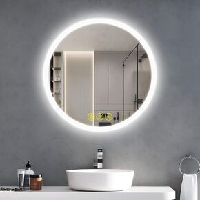 OKISS Round Bathroom Mirror with Lights 24 Inch 3000K/4500K/6400K Wall Vanity Mirror with Anti-Fog Round Led Mirror 3 Color, Dimmable, Memory Smart Touch Button