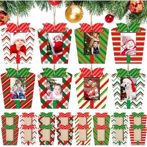 16 Pieces Christmas Hanging Photo Frame Ornaments Christmas Photo Ornaments Red and White and Green Present Box Picture Frame Ornaments for Christmas Tree Party Decorations