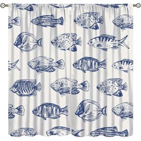 Farmhouse Fish Curtain,Vintage Cabin Rustic River Fishing Window Treatment Curtains Cloth Farbic for Bedroom Living Room Office Cafe Kitchen Dining Room Drapes, 42x45 in