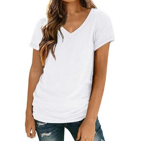 تي شيرت نسائي بأكمام قصيرة وفتحة رقبة على شكل V، تي شيرت نسائي صيفي عصري ناعم، قمصان غير رسمية، ملابس فضفاضة، ملابس خفيفة الوزن in Kuwait