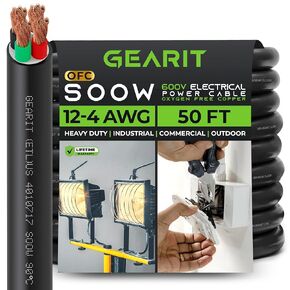 GearIT 16/3 16 AWG Portable Power Cable (100 Feet - 3 Conductor) SOOW 600V 16 Gauge Electric Wire for Motor Leads, Portable Lights, Battery Chargers, Stage Lights and Machinery -100ft Electrical Cord