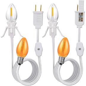 Clip in Light Cord,Accessory Cord with Light Bulb,Candelabra-Base E12 Socket UL Listed Christmas Village House Lights,Ceramic Trees Light (2-Pack 6ft Cord,1 Lamp Socket, Black Cord)
