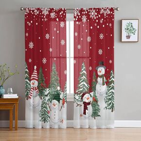 Christmas Curtains Chiffon Sheer Curtains 84 Inches Long Winter Christmas Tree Snowman and Snowflakes Red Curtains for Living Room Bedroom, Rod Pocket Window Curtains Voile Drapes 52"x84", 2 Panels