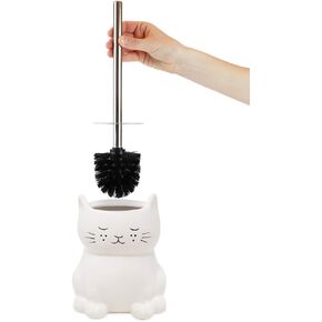 Isaac Jacobs White Ceramic Cat Toilet Bowl Brush Holder with Chrome Metal Handle (Unassembled) - Bathroom Accessory & Cleaning Storage (Cat)