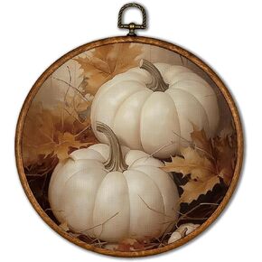 KSDUT Fall Wall Decor Art - Retro Autumn Pumpkin Textile Wall Art Canvas Frame Hanging Prints, Vintage Flower Rustic Fall Round Wall Art Decor for Bedroom Home Farmhouse Decorations 10"x10"