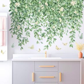 White Flowers Wall Decals Hanging Green Leaves Wall Stickers Butterflies Plants DIY Art Mural Decortions for Kids Baby Girls Bedroom Living Room Offices Nursery Classroom Closet Ceiling Vertex Line (A)