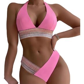 Women Bikini Set Bohemia Swimwear Halter Top V Cut Bottom Two Piece Swimsuits Curves Bathing Suits