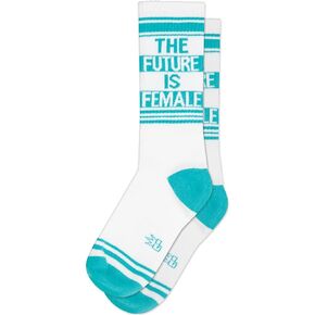 THE FUTURE IS FEMALE Socks by Gumball Poodle: Make A Statement, Unisex Gym Sock: Teal and White