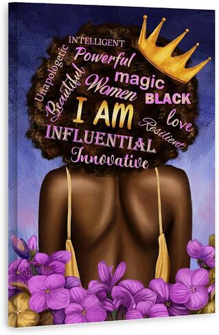 Black Queen Wall Art African American Canvas Wall Art Black Women Purple Flowers Inspirational Quotes Poster Abstract Contemporary Canvas Prints Painting for Living Room Bathroom Bedroom Decor Home Decorations, 16x24 inches, No Frame in Saudi Arabia
