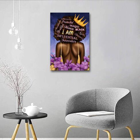 Black Queen Wall Art African American Canvas Wall Art Black Women Purple Flowers Inspirational Quotes Poster Abstract Contemporary Canvas Prints Painting for Living Room Bathroom Bedroom Decor Home Decorations, 16x24 inches, No Frame in Saudi Arabia