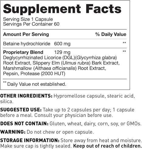 الأمعاء استعادة البيتين HCL مع البيبسين ايمي مايرز - يدعم امتصاص الكالسيوم والحديد والمعادن الأخرى. عرق السوس والدردار الزلق ومستخلص جذور الخطمي، يساعد على تخفيف حساسية الطعام - 100 كبسولة in Kuwait