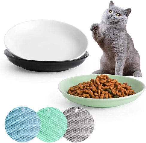 Ceramic Cat Bowls,Cat Feeding Bowls with Non Slip Mats,Pet Bowl Cat Dishes for Food and Water,Wide Shallow Cat Bowl Whisker Friendly,3 Pack (White) in Saudi Arabia