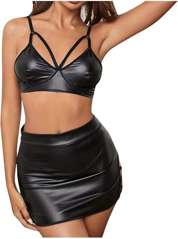 Women's PU Leather Cut Out Babydoll Nightdress Deep V Neck Backless Bodycon Mini Nightclub Dress with Metallic ring in Saudi Arabia