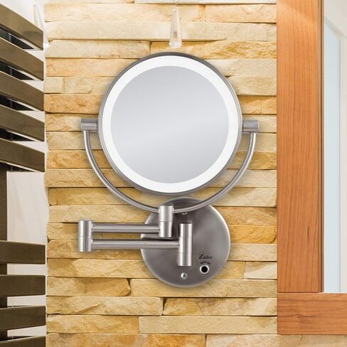 Zadro LED مضاءة على الوجهين 5X / 1X تكبير جدار جبل الحمام مرآة ماكياج التجميل، النيكل الساتان in Kuwait