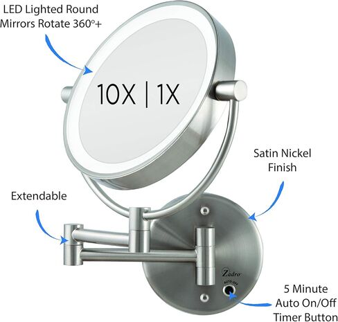 Zadro LED مضاءة على الوجهين 5X / 1X تكبير جدار جبل الحمام مرآة ماكياج التجميل، النيكل الساتان in Kuwait