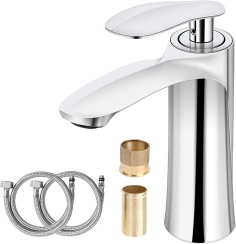 ZIYOU LANG One Handle Single Hole Bathroom Faucet Stainless Steel Lavatory Commercial Bathroom Bathtub Basin Vanity Faucets Tap with Hot&Cold Water Supply Lines 2 Hoses Chrome Polished(Maple Sliver) in Saudi Arabia
