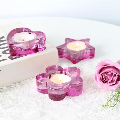Votive candle holders set of 12 for Table Centerpiece（3 Sizes,heart/flower/star,Amber Glass Tea Light Candle Holders Bulk for Birthday Party,Wedding,Fall Home Decor, Festival Decorative(Amber) in Kuwait
