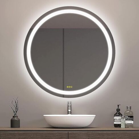 OKISS Round Bathroom Mirror with Lights 24 Inch 3000K/4500K/6400K Wall Vanity Mirror with Anti-Fog Round Led Mirror 3 Color, Dimmable, Memory Smart Touch Button in Saudi Arabia