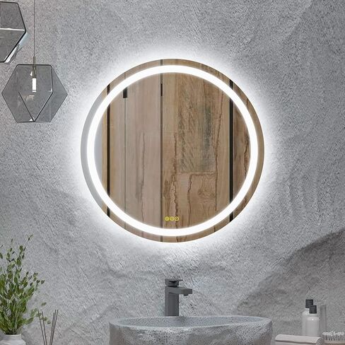 OKISS Round Bathroom Mirror with Lights 24 Inch 3000K/4500K/6400K Wall Vanity Mirror with Anti-Fog Round Led Mirror 3 Color, Dimmable, Memory Smart Touch Button in Saudi Arabia