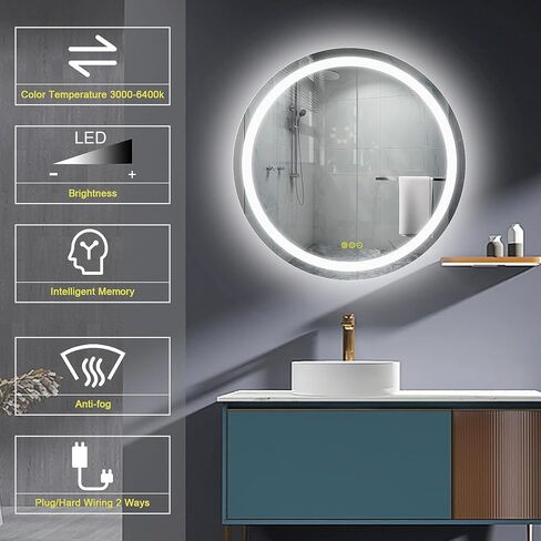 OKISS Round Bathroom Mirror with Lights 24 Inch 3000K/4500K/6400K Wall Vanity Mirror with Anti-Fog Round Led Mirror 3 Color, Dimmable, Memory Smart Touch Button in Saudi Arabia