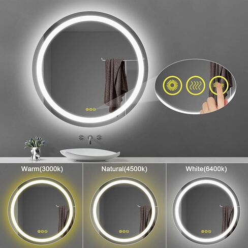 OKISS Round Bathroom Mirror with Lights 24 Inch 3000K/4500K/6400K Wall Vanity Mirror with Anti-Fog Round Led Mirror 3 Color, Dimmable, Memory Smart Touch Button in Saudi Arabia