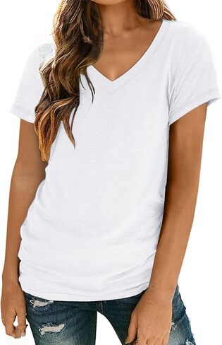 تي شيرت نسائي بأكمام قصيرة وفتحة رقبة على شكل V، تي شيرت نسائي صيفي عصري ناعم، قمصان غير رسمية، ملابس فضفاضة، ملابس خفيفة الوزن in Kuwait