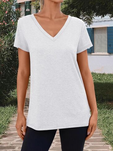 تي شيرت نسائي بأكمام قصيرة وفتحة رقبة على شكل V، تي شيرت نسائي صيفي عصري ناعم، قمصان غير رسمية، ملابس فضفاضة، ملابس خفيفة الوزن in Kuwait