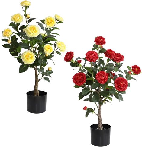momoplant 31 Inch Artificial Camellia Tree 2 Pack Camellia Fake Flowers Plant Faux Tree with 2 Black Pots for Home Front Door Outdoor Indoor Decor in Saudi Arabia
